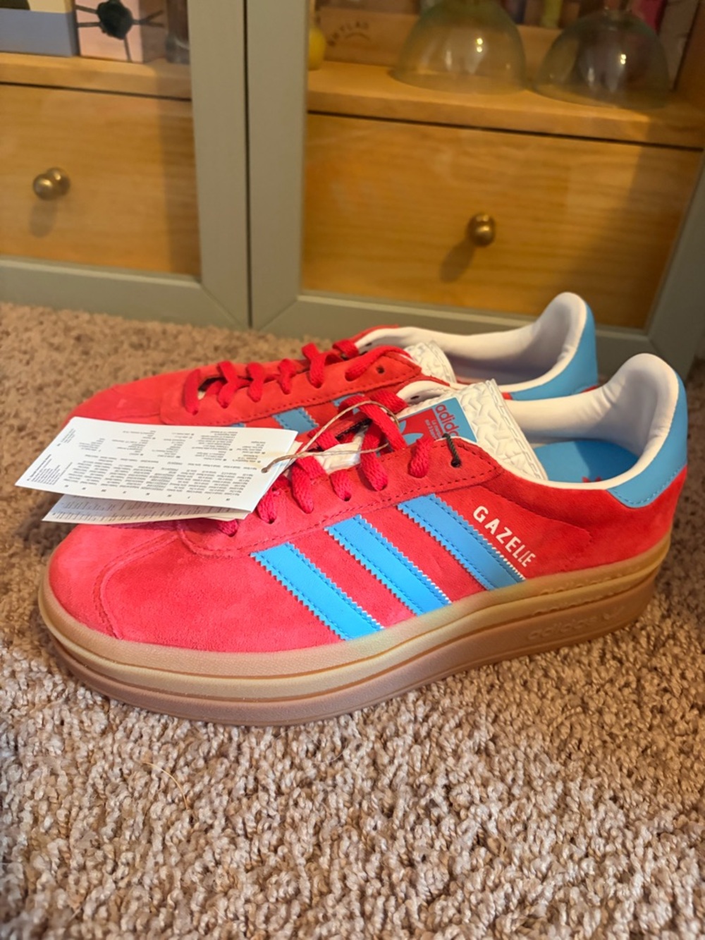 adidas Gazelle Red Sneakers with Light Blue Stripes